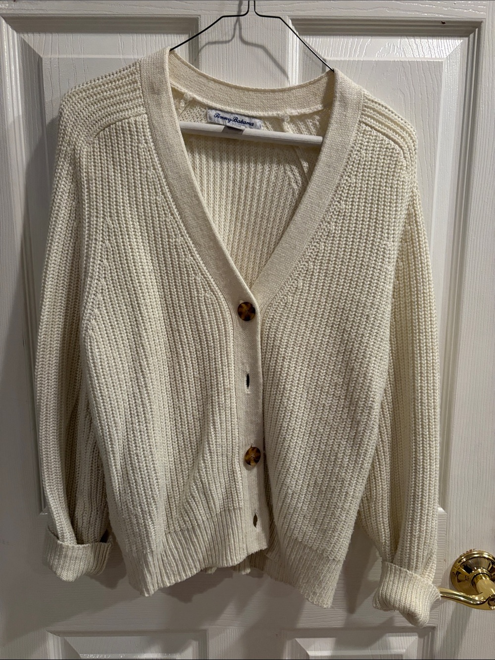 Tommy Bahama Ivory Ribbed V‑Neck Cardigan with Tortoise Buttons